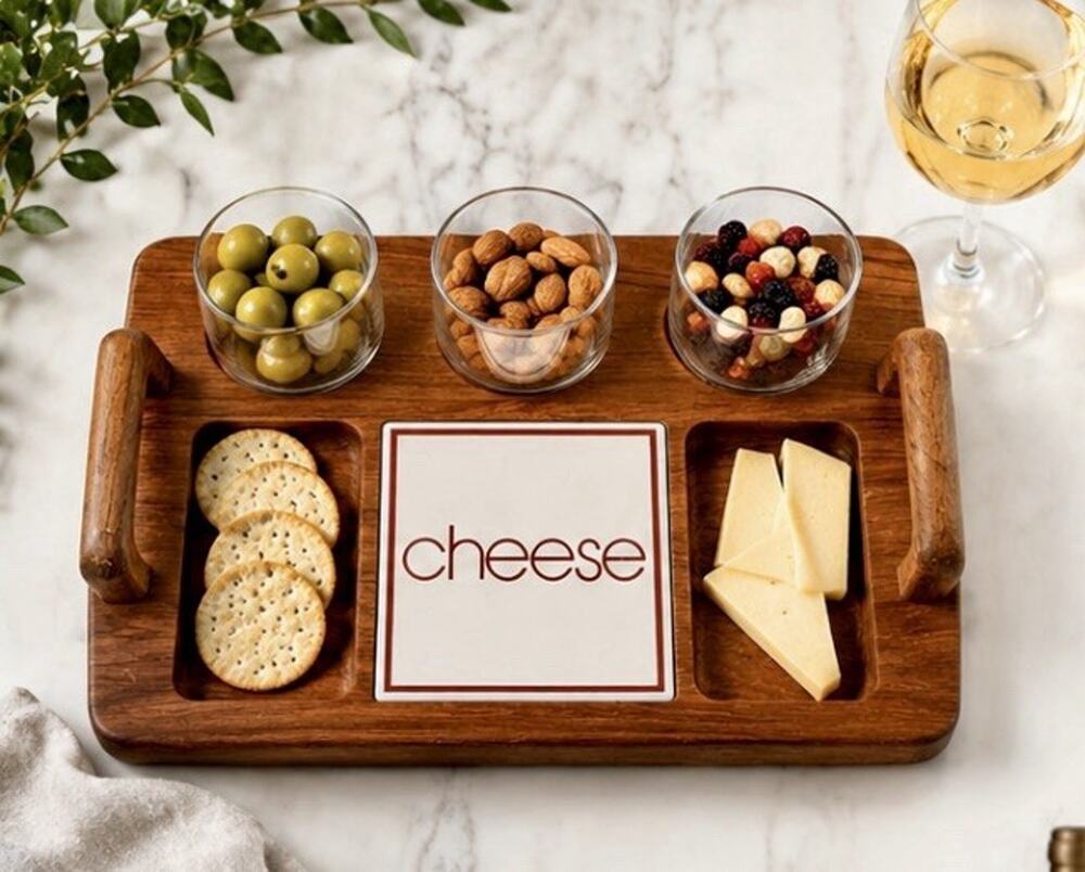 Vintage Charcuterie Board Serving Teak Wood Tray Cheese And Wine Set 3 Glasses